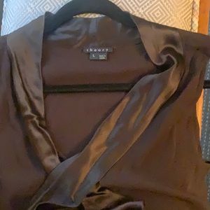 THEORY RICH BROWN SILK LADIES TOP WITH SATIN TIE L